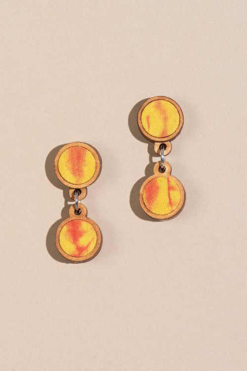 Whe Handcrafted Yellow Orange Tie And Dye Repurposed Wood And Fabric Earrings