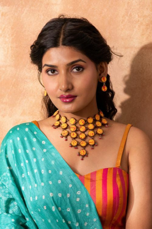 Whe Handcrafted Yellow Orange Tie And Dye Repurposed Wood And Fabric Earrings