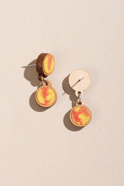 Whe Handcrafted Yellow Orange Tie And Dye Repurposed Wood And Fabric Earrings