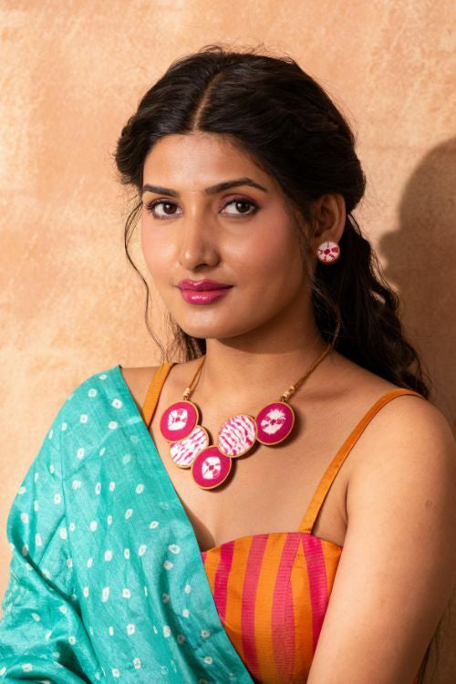 Whe Handmade Pink Tie And Dye Upcycled Fabric And Repurposed Wood Stud Earrings