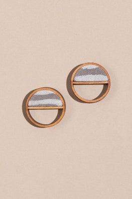 Whe Grey Line Repurposed Fabric And Wood Semi Circle Stud Earrings