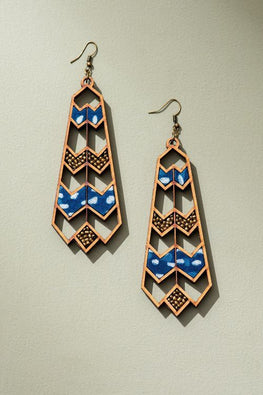 Whe Blue Wave Pattern Upcycled Fabric And Repurposed Wood Earrings