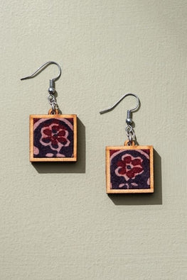 Whe Black Upcycled Ajrakh Fabric And Repurposed Wood Earrings