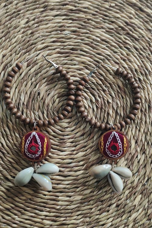 WHE Hand Embroidered Hoop Earrings With Wooden Beads