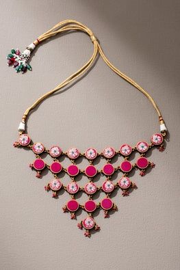Whe Pink Pure Banarasi Upcycled Fabric & Repurposed Wood Adjustable Statement Necklace