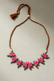 Whe Pink Pure Georgette Bandhani Upcycled Fabric & Repurposed Wood Statement Choker Lotus Necklace