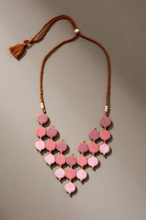 Whe Shades Of Pink Repurposed Fabric And Wood Statement Necklace With Adjustable Length