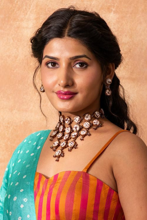 Whe Handcrafted Brown Tie And Dye Repurposed Wood And Fabric Choker Necklace