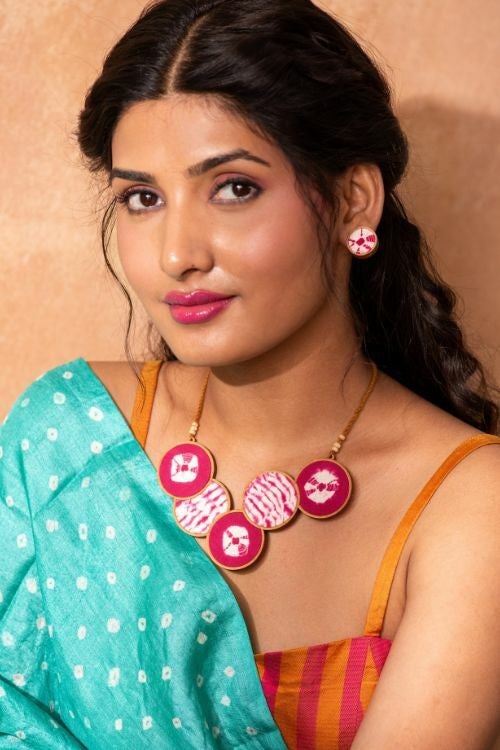 Whe Tie And Dye Pink Connected Circle Upcycled Fabric And Repurposed Wood Necklace