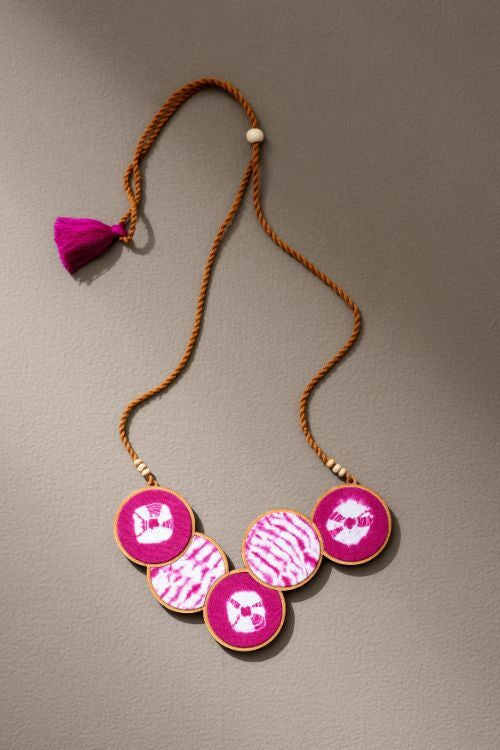 Whe Tie And Dye Pink Connected Circle Upcycled Fabric And Repurposed Wood Necklace