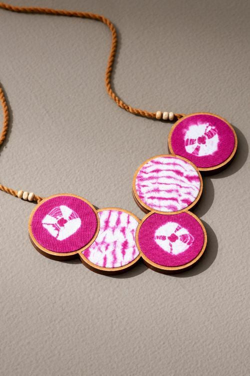 Whe Tie And Dye Pink Connected Circle Upcycled Fabric And Repurposed Wood Necklace