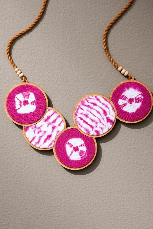 Whe Tie And Dye Pink Connected Circle Upcycled Fabric And Repurposed Wood Necklace