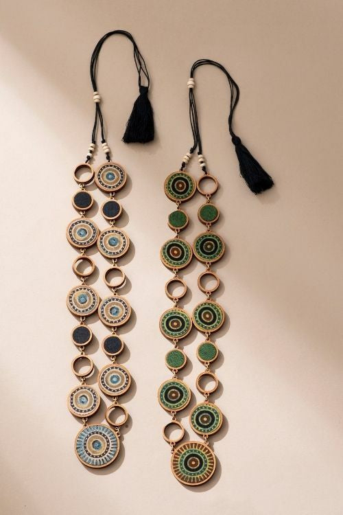 Whe Reversible 2-In-1 Blue Green Repurposed Fabric And Wood Necklace