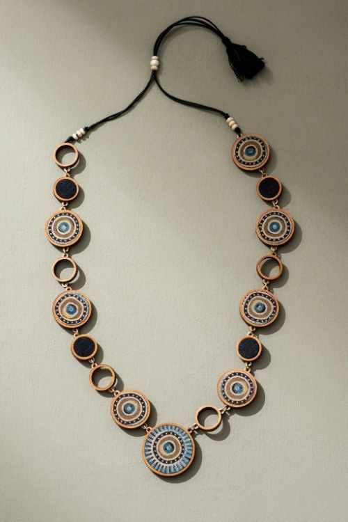 Whe Reversible 2-In-1 Blue Green Repurposed Fabric And Wood Necklace