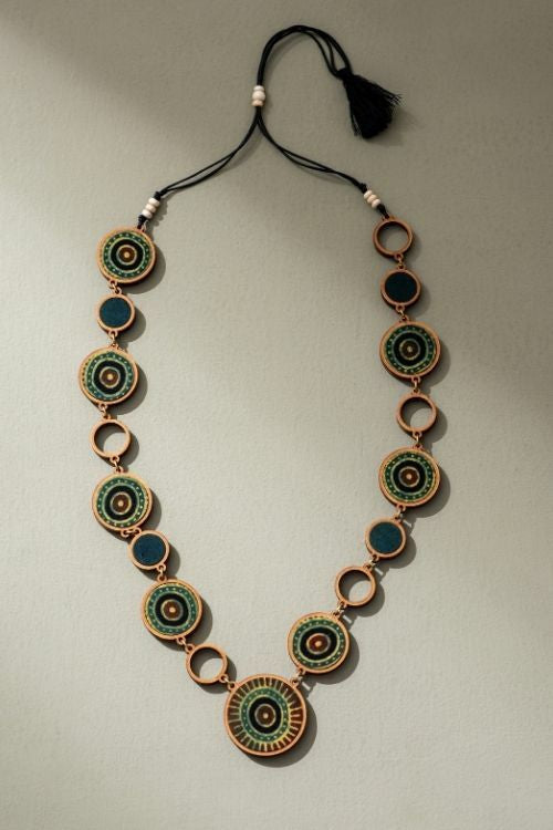 Whe Reversible 2-In-1 Blue Green Repurposed Fabric And Wood Necklace