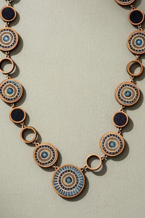 Whe Reversible 2-In-1 Blue Green Repurposed Fabric And Wood Necklace