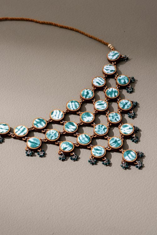 Whe Handcrafted Green Tie And Dye Repurposed Wood And Fabric Choker Necklace