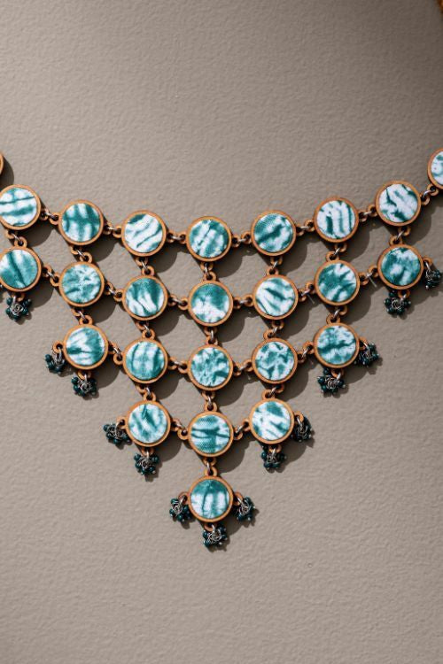 Whe Handcrafted Green Tie And Dye Repurposed Wood And Fabric Choker Necklace