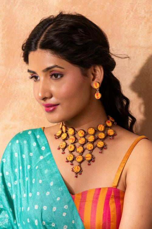 Whe Handcrafted Yellow Orange Tie And Dye Repurposed Wood And Fabric Choker Necklace