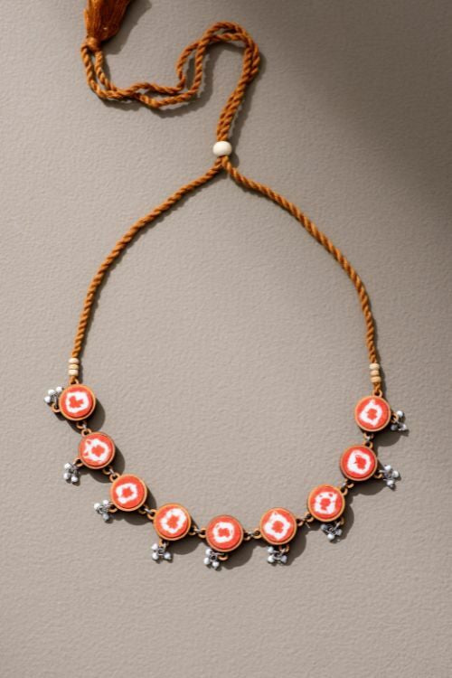 Whe Handcrafted Orange Tie And Dye Repurposed Wood And Fabric Choker  Necklace
