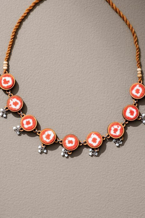 Whe Handcrafted Orange Tie And Dye Repurposed Wood And Fabric Choker Necklace