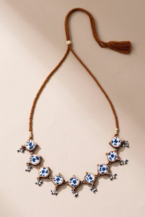 Whe Handcrafted Navy Blue Tie And Dye Repurposed Wood And Fabric Choker  Necklace