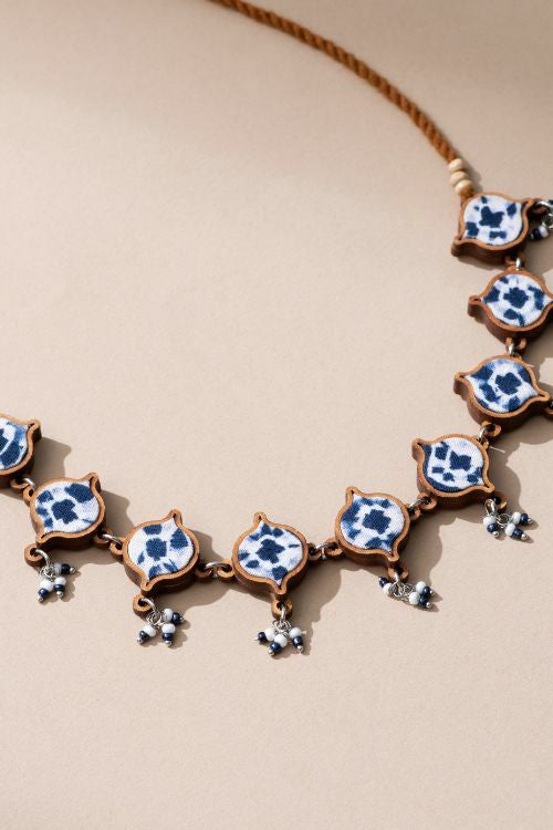 Whe Handcrafted Navy Blue Tie And Dye Repurposed Wood And Fabric Choker Necklace