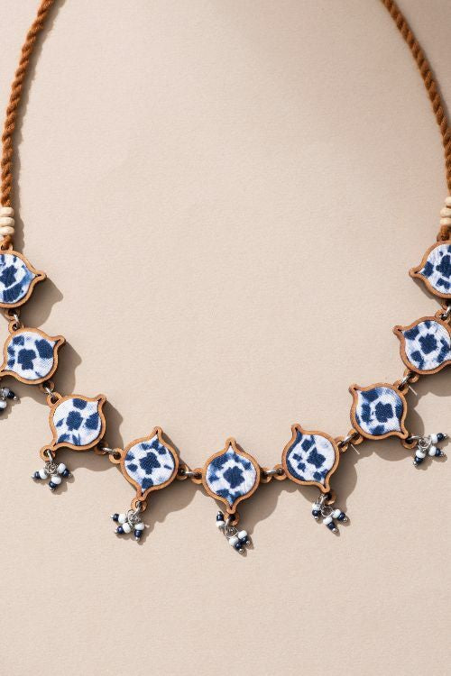 Whe Handcrafted Navy Blue Tie And Dye Repurposed Wood And Fabric Choker Necklace