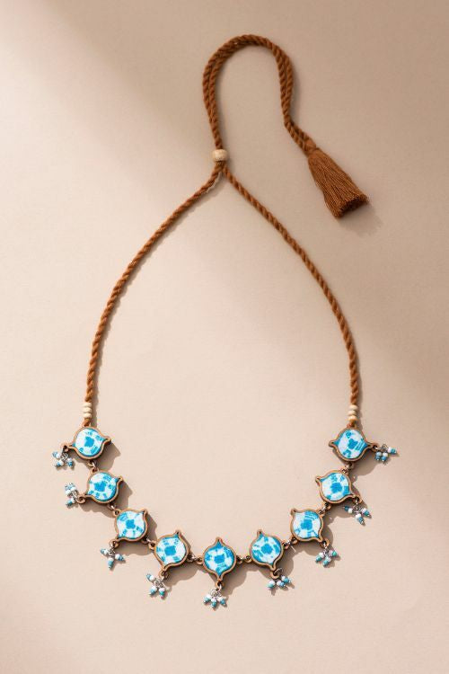 Whe Handcrafted Turquoise Tie And Dye Repurposed Wood And Fabric Choker Necklace