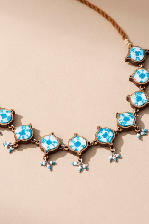 Whe Handcrafted Turquoise Tie And Dye Repurposed Wood And Fabric Choker Necklace