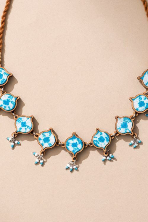 Whe Handcrafted Turquoise Tie And Dye Repurposed Wood And Fabric Choker Necklace