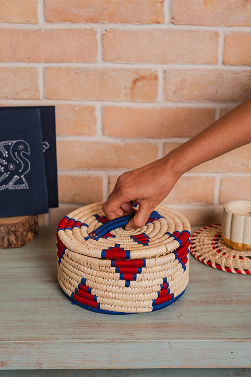 Kraftribe Grass Chapati Box/Storage Box(Red & Blue)