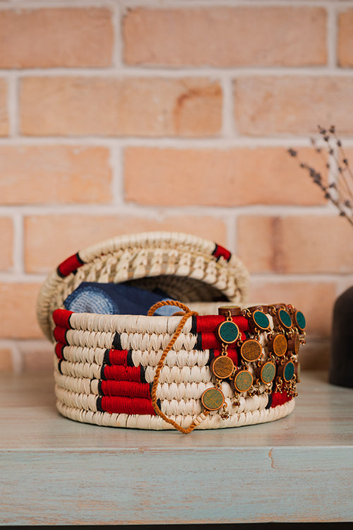 Kraftribe Grass Chapati Box/Storage Box(Red & Black)