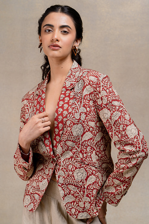 Triumphant Red Pure Cotton Handblock Printed Blazer Dress For Women Online