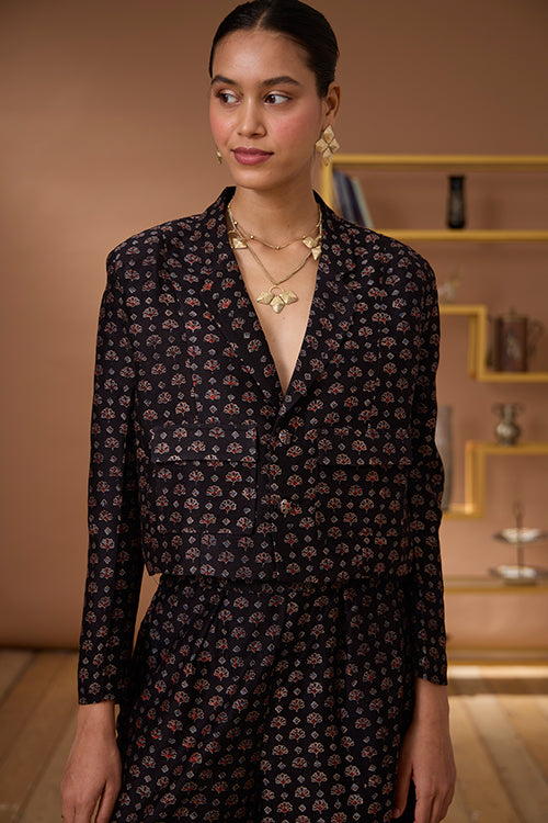 Black Agate Chanderi Silk Ajrakh Handblock Printed Blazer For Women