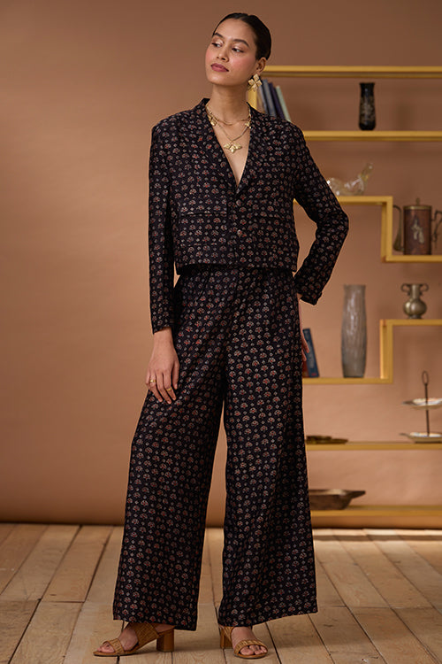 Black Agate Chanderi Silk Ajrakh Handblock Printed Blazer For Women