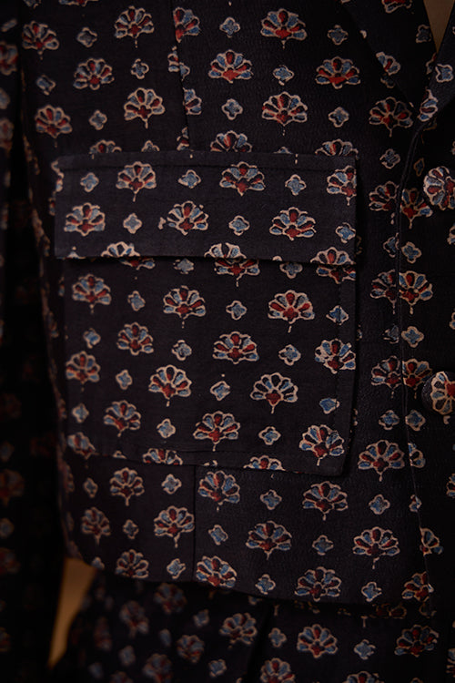 Okhai "Black Agate" Handblock Printed Chanderi Silk Ajrakh Blazer