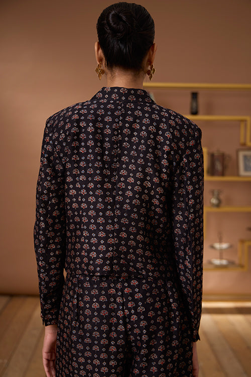 Okhai "Black Agate" Handblock Printed Chanderi Silk Ajrakh Blazer