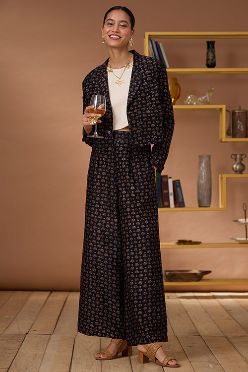 Okhai "Black Agate" Handblock Printed Chanderi Silk Ajrakh Blazer