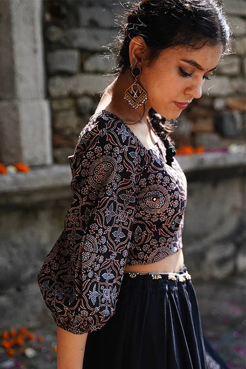 Okhai "Blackberry" Hand-Embroidered Mirrorwork Black Ajrakh Pure Cotton Blouse