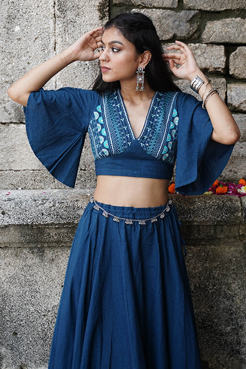 Okhai "Bluebell" Hand-Embroidery and Mirrorwork Blue Pure Cotton Blouse