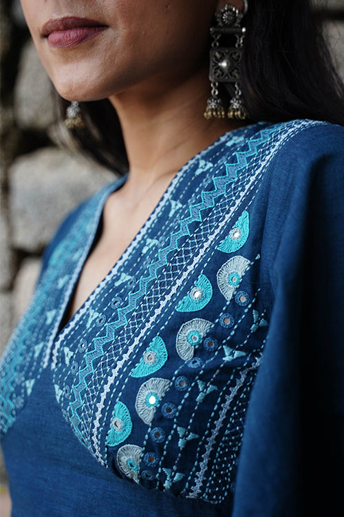 Okhai "Bluebell" Hand-Embroidery and Mirrorwork Blue Pure Cotton Blouse