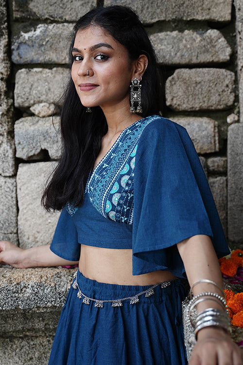 Okhai "Bluebell" Hand-Embroidery and Mirrorwork Blue Pure Cotton Blouse
