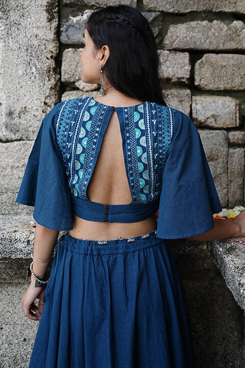 Okhai "Bluebell" Hand-Embroidery and Mirrorwork Blue Pure Cotton Blouse