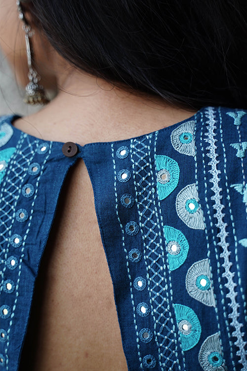 Okhai "Bluebell" Hand-Embroidery and Mirrorwork Blue Pure Cotton Blouse