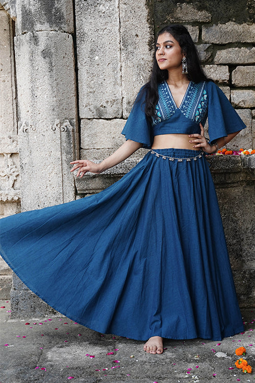 Okhai "Bluebell" Hand-Embroidery and Mirrorwork Blue Pure Cotton Blouse