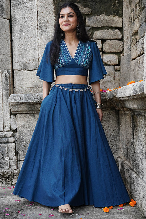 Okhai "Bluebell" Hand-Embroidery and Mirrorwork Blue Pure Cotton Blouse