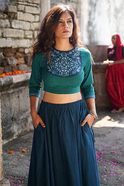 Okhai "Topaz" Hand-Embroidery and Mirrorwork Sea Green Pure Cotton Blouse