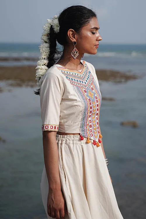 Okhai 'North Star' Hand-Embroidery and Mirrorwork Off White Pure Cotton Blouse