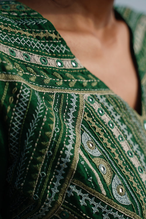 Okhai "Lush Canopy" Hand-Embroidery and Mirrorwork Pure Cotton Green Blouse
